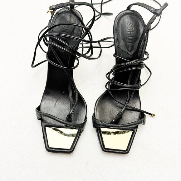 Schutz Lace Up Leather Strappy Stiletto Black Square Toe Sandal Size 10 - Picture 2 of 5